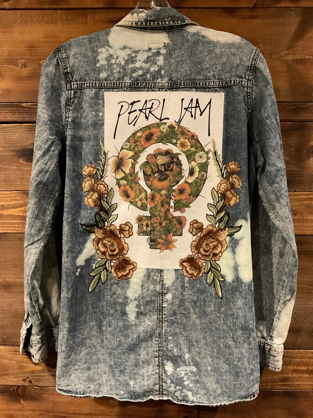 Custom PEARL JAM Distressed/Bleached Denim Shirt Rare Up-cycle Women's LARGE